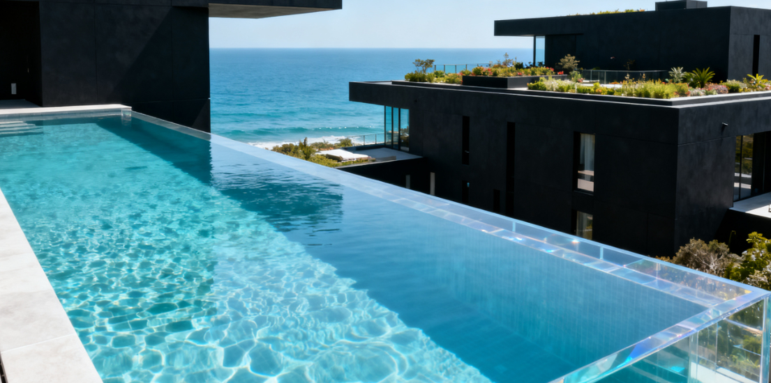 حائط نافذة سميك فوق الأرض الجانب الكامل لوحات تحت الأرض ورقة زجاجية لا نهاية لها حمام سباحة أكريليك شفاف في الهواء الطلق